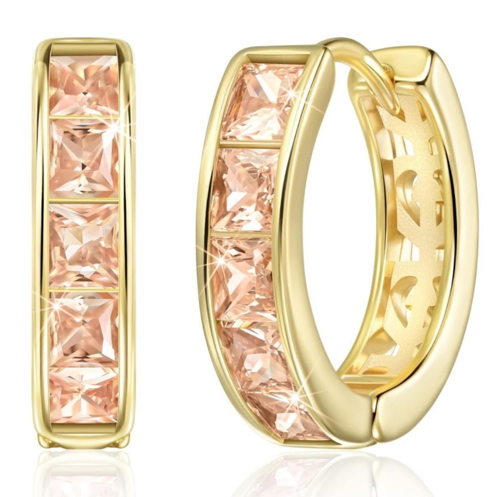 14K Yellow Gold with Peach Morganite Cubic Zirconia Princess Cut Huggie Earrings